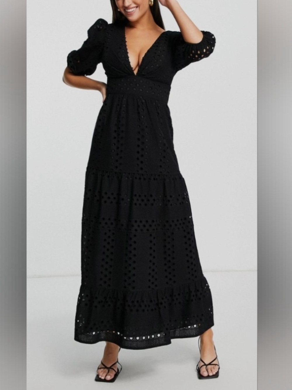 ASOS Design Black Cotton Plunge Eyelet Maxi Dress